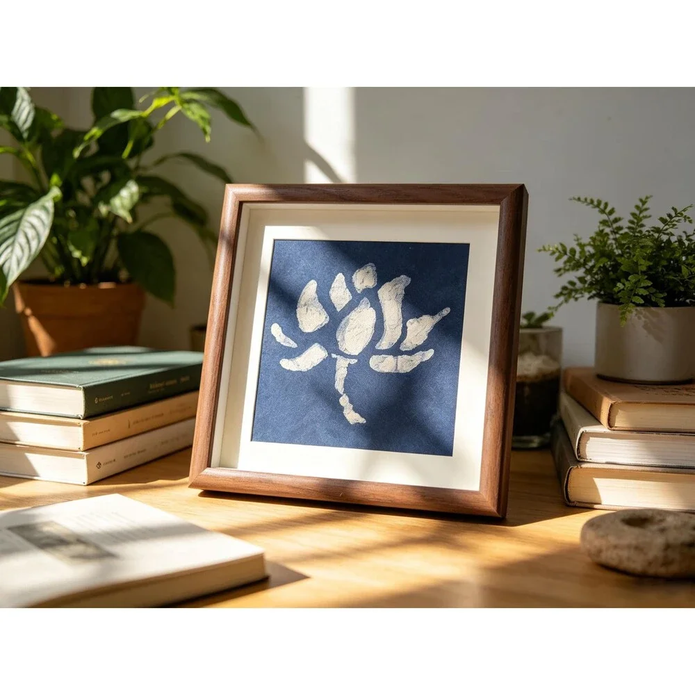 Lotus Textile Wall Art | Handmade Indigo Batik Art | Botanical Zen Home Decor |T